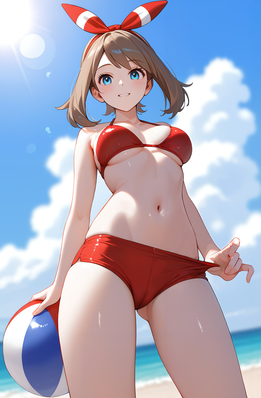 1girl ai_generated bare_arms bare_shoulders beach beach_ball bikini bikini_bottom bikini_top blue_eyes breasts brown_hair cleavage clouds female hips lake looking_down looking_down_at_viewer may_(pokemon) may_(pokemon_oras) medium_hair moose_knuckle navel paquebot pokemon pulling_clothing red_bikini red_swimsuit red_swimwear ribbon sky smile smiling smiling_at_viewer solo solo_focus summer sunlight swimming swimsuit swimwear thighs