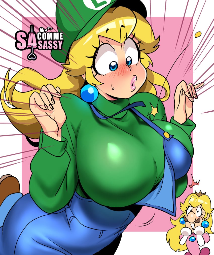 1boy 1girls big_breasts blonde_hair blue_eyes blush button_pop clothing_swap crossdressing earrings embarrassed female female_focus long_hair luigi luigi_(cosplay) male mario_(series) nintendo pink_lipstick princess_peach princess_peach_(cosplay) sasatseng very_high_resolution wardrobe_malfunction