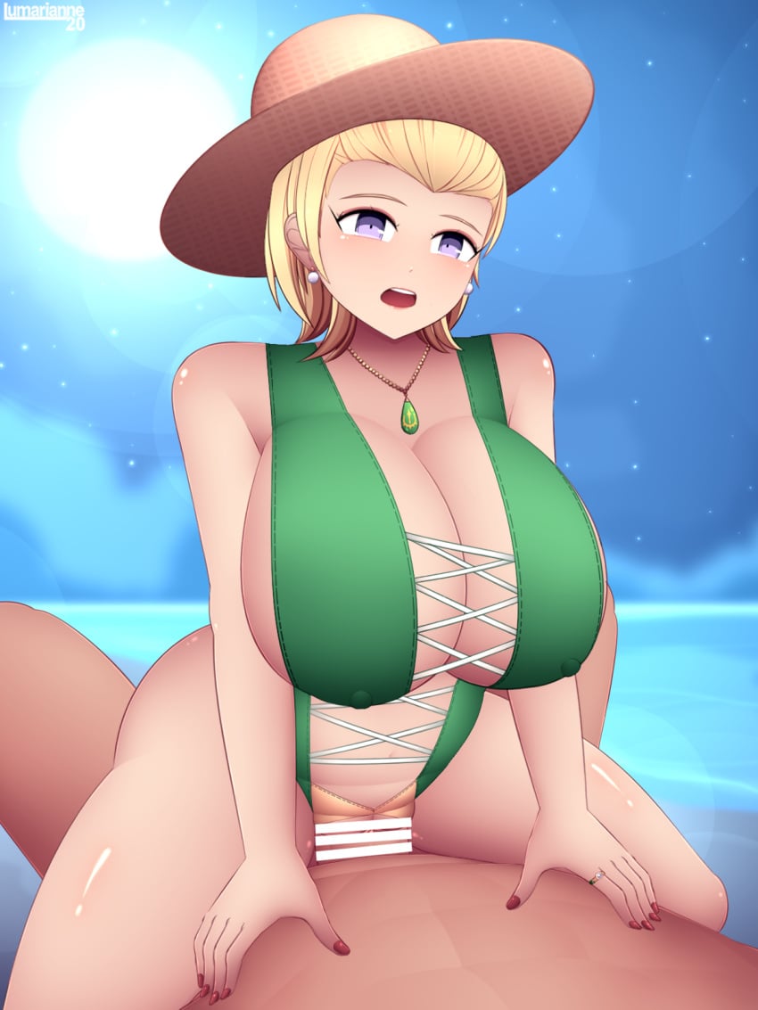 1boy 1girls alternate_costume ass bare_arms bare_midriff bare_shoulders bare_thighs beach big_ass blonde_hair breasts censored center_opening cleavage commission covered_nipples cowgirl_position crotchless dragon_quest dragon_quest_xi earrings female female_focus female_on_top green_one-piece_swimsuit green_swimsuit hat hero_(dq11) husband husband_and_wife large_breasts lumarianne20 male midriff nail_polish navel necklace night ocean one-piece_swimsuit open_mouth outdoors penis purple_eyes pussy red_nails revealing_clothes ring serena_(dq11) sex short_hair shoulders sideboob solo_focus starry_sky straddling straw_hat sun_hat swimsuit thick_thighs thighs vaginal_penetration wedding_ring wife yellow_hair