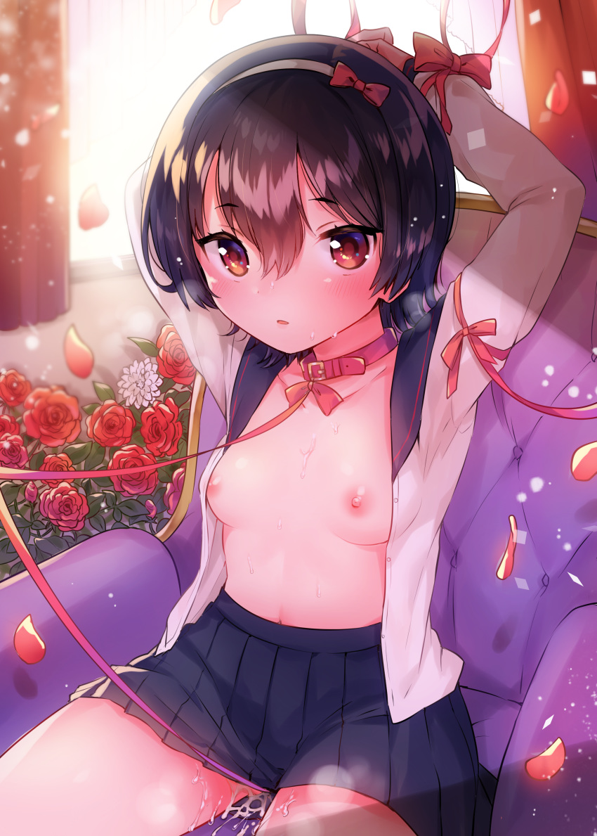 1girls areolae blush bondage breasts cum eyebrows_visible_through_hair female female_only hairbow highres ichihaya looking_at_viewer nipples no_bra open_shirt parted_lips ribbon seifuku shiny short_hair sitting skirt small_breasts solo tagme