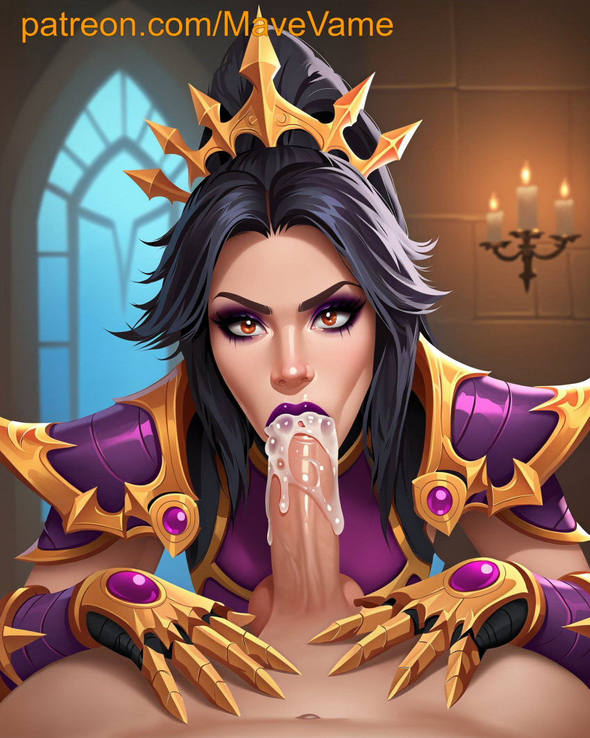 ai_generated armor black_hair blizzard_entertainment blowjob blowjob_face cum cum_in_mouth cum_inside diablo li-ming oral oral_creampie oral_cumshot oral_penetration oral_sex orange_eyes sucking