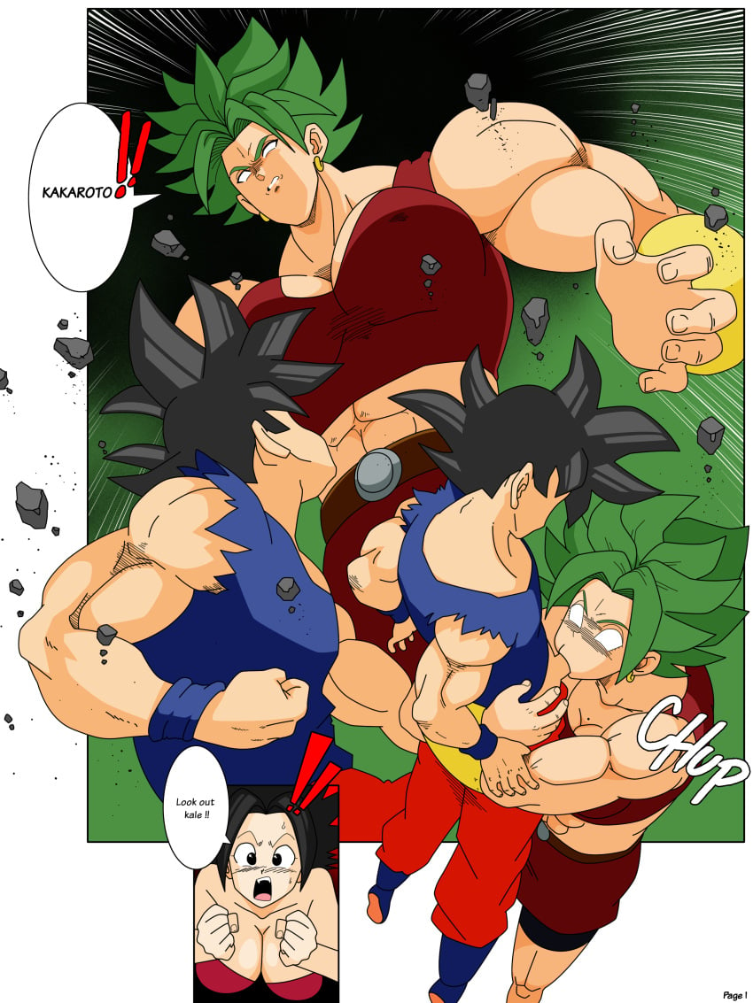 1boy 2girls black_hair caulifla comic dragon_ball dragon_ball_super earrings erection fellatio femdom green_hair kale kale_(dragon_ball) multiple_girls muscular oral penis son_goku straight