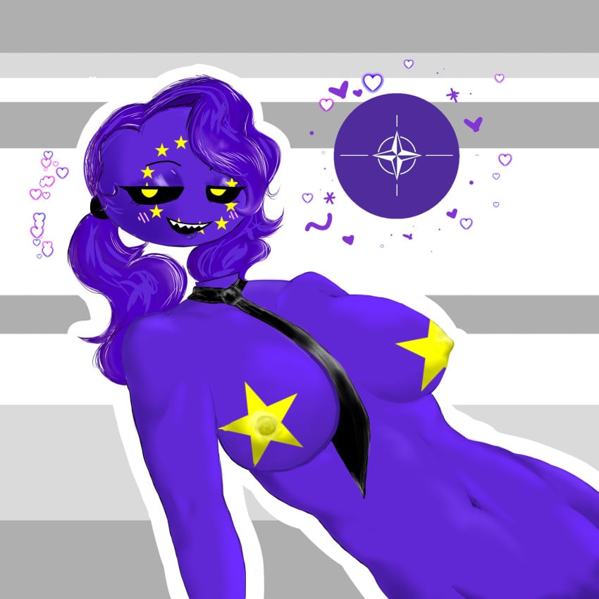 blue_body blue_hair blue_skin countryhumans countryhumans_girl european_union_(countryhumans) nato_(countryhumans) sharp_teeth star stars yellow_eyes yellow_nipples