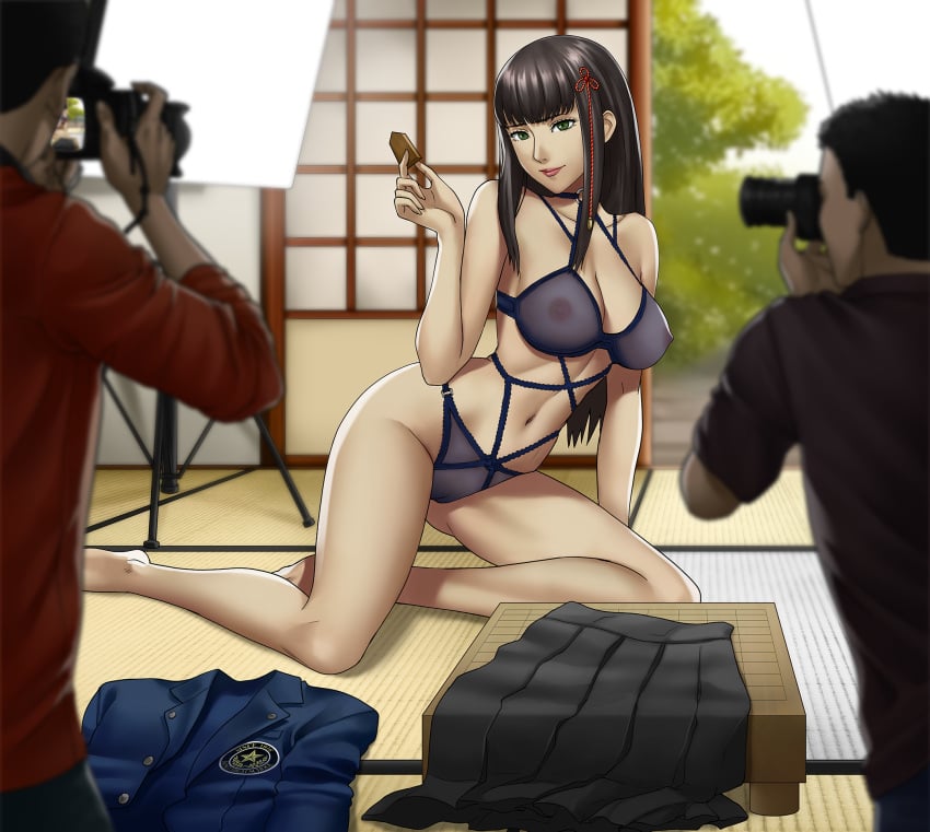 1girls 2boys arm_support atlus big_breasts bra breasts brown_hair cameltoe clothes_removed commission green_eyes hair_ornament hi_res hifumi_togo hime_cut lingerie looking_at_viewer medium_hair navel nipples panties persona persona_5 persona_5_royal photography photoshoot pose pussy rondeu see-through see-through_bra see-through_clothing see-through_panties shogi shogi_piece skirt skirt_removed smile tatami