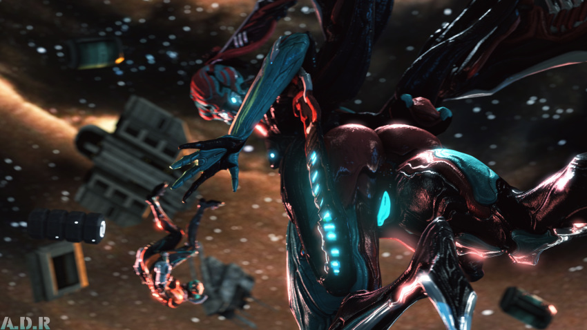 2018 3d adriandustred android ass duo female glowing glowing_eyes glowing_pussy hi_res humanoid large_ass machine pussy robot signature size_difference source_filmmaker titania_(warframe) valkyr_(warframe) video_games warframe