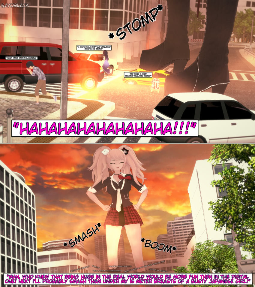 1girls big_breasts breasts city_background city_destruction comic crushing danganronpa female fire giantess junko_enoshima koikatsu sayoblack stomping text text_box