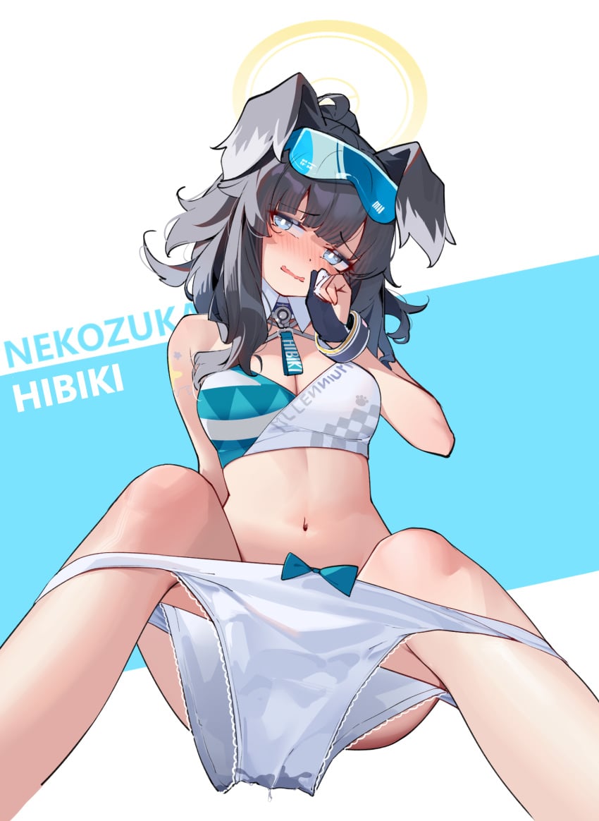 animal_ears bare_legs black_hair blue_archive bodypaint bow bow_panties breasts bright_pupils character_name cleavage commentary_request dog_ears feet_out_of_frame female gloves goggles goggles_on_head halo head_tilt hibiki_(blue_archive) hibiki_(cheer_squad)_(blue_archive) highres long_hair medium_breasts navel painterliuhao panties panty_pull partially_fingerless_gloves pussy_juice pussy_juice_drip_through_clothes pussy_juice_stain sitting solo sports_bra spread_legs star_(symbol) two-tone_sports_bra underwear white_panties white_pupils