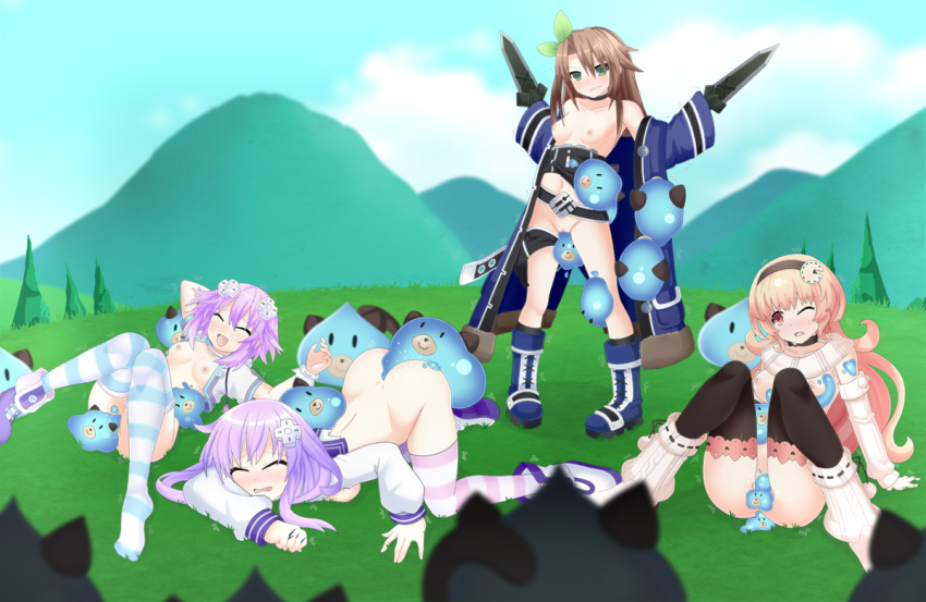 4girls all_fours areolae ass ass_up bent_over blue_skin boots breasts brown_hair choker closed_eyes clothing compa cpu_(neptunia) cpu_candidate creature_inside d-pad d-pad_hair_ornament dogoo female flat_chest flat_chested goddess green_eyes hair_ornament hairband human if_(neptunia) interspecies legwear multiple_females multiple_girls nepgear neptune_(neptunia) neptunia_(series) nipples one_eye_closed open_mouth purple_hair red_eyes santystuff sex slime slime_monster small_breasts smile standing stockings striped_legwear striped_socks thighhighs video_games