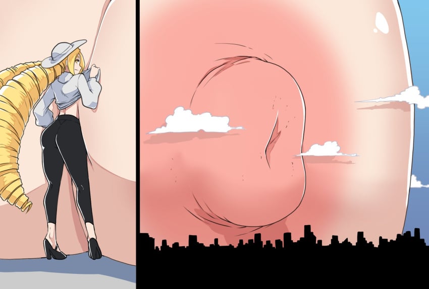 blonde_hair breasts_bigger_than_building breasts_bigger_than_city breasts_bigger_than_head breasts_bigger_than_torso city clouds colossal_breasts drill_hair gigantic_breasts heels huge_breasts huge_nipples hyper hyper_breasts icymasamune lifting_shirt looking_at_viewer looking_back massive_breasts meat_wall_(body_type) ojou-sama size_fetish starletta_(carlosgizza)