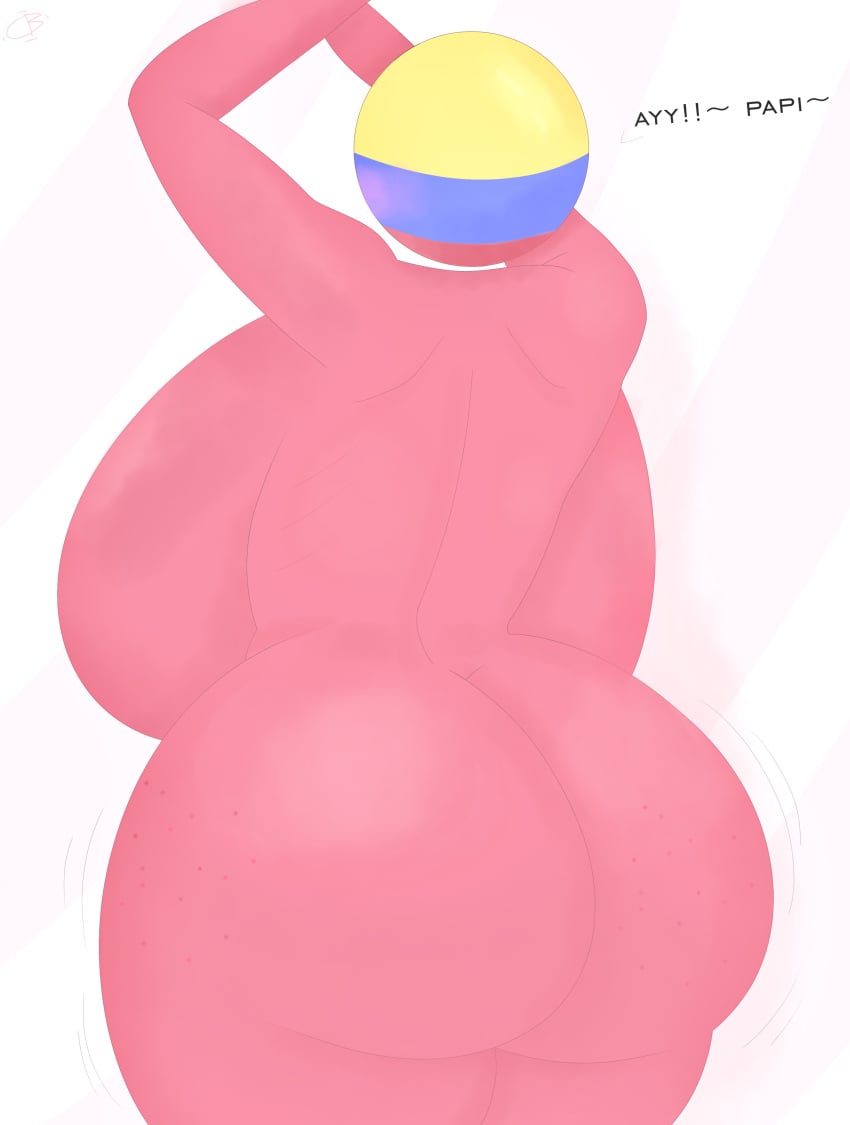 arms_up back_view c10ckw07k colombia_(countryhumans) colombian_female conmebol copa_america copa_america_2024 countryhumans countryhumans_girl dialogue giant_ass giant_breasts spanish_text talking