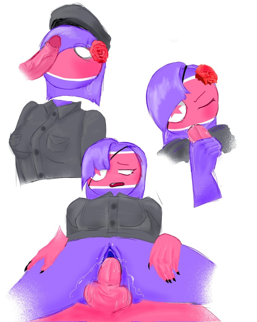 blowjob blue_body blue_skin countryhumans_girl dick_on_face eyepatch flower_in_hair military_hat north_korea north_korea_(countryhumans) partners partners_fucking penetration red_body red_skin tears_of_pleasure united_states_of_america_(countryhumans)