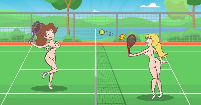 2girls ass breasts covering danica_(monica_and_veronica) embarrassed_nude_female enf female monica_(monica_and_veronica) nude tagme tennis