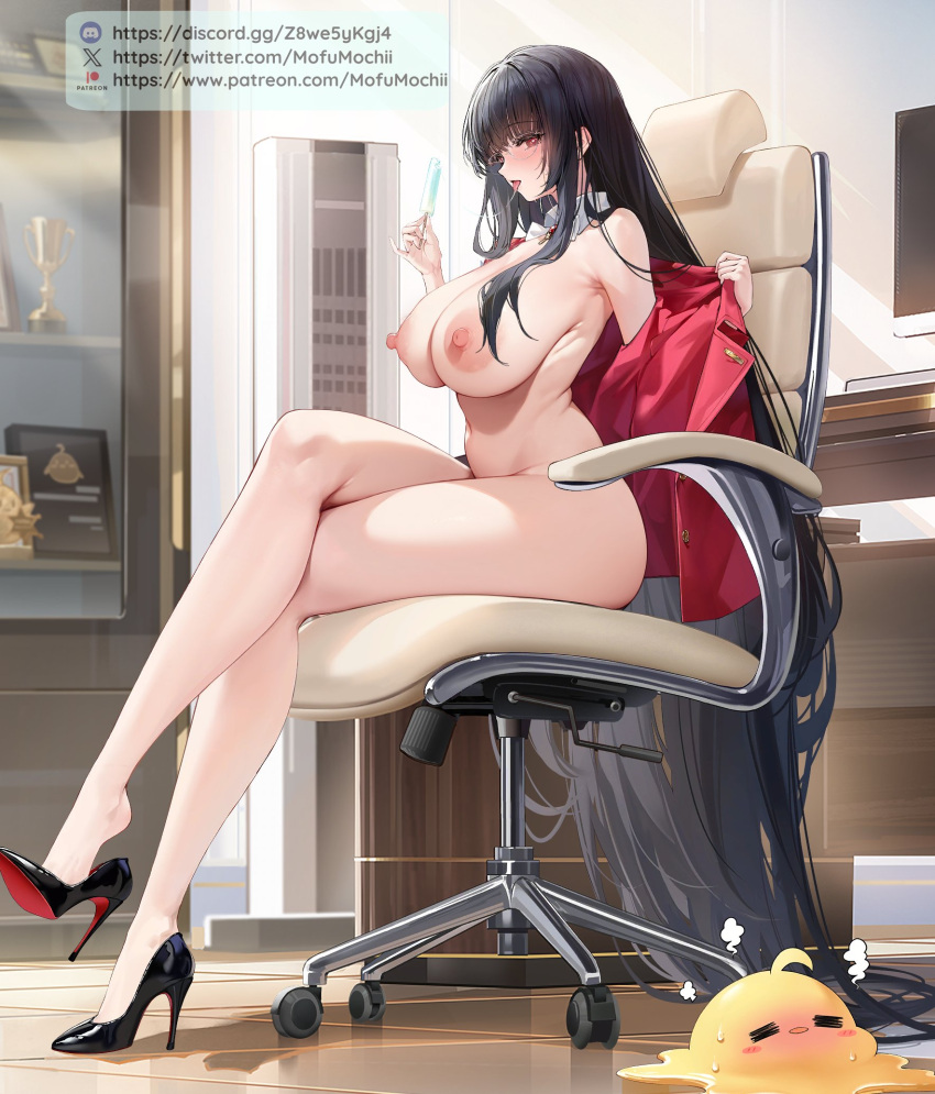 1girls absurdly_long_hair alvitr_(azur_lane) alvitr_(muspel's_torrid_secrets)_(azur_lane) animal azur_lane bare_shoulders bird black_hair black_skirt breasts buttons chair crossed_legs full_body glasses high_heels high_resolution highres ice_pop jpeg large_breasts long_hair looking_at_viewer manjuu_(azur_lane) miniskirt mofumochii naked nipples nude off_shoulder office_chair office_lady open_clothes open_mouth pencil_skirt red_eyes shoe_dangle side_slit sitting skirt solo swivel_chair thighs tongue very_high_resolution very_long_hair