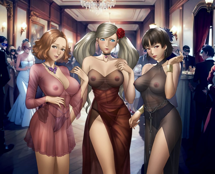 6+boys 6+girls ai_background ann_takamaki atlus big_breasts blue_eyes breasts brown_eyes brown_hair choker clothed covered_nipples domino_mask dress earrings exhibitionism female_focus formal haru_okumura hi_res indoors jewelry looking_at_viewer makoto_niijima mask medium_breasts navel nipples no_bra panties party persona persona_5 platinum_blonde_hair public public_exposure red_eyes revealing_clothes rondeu see-through see-through_clothing see-through_dress standing take_your_pick