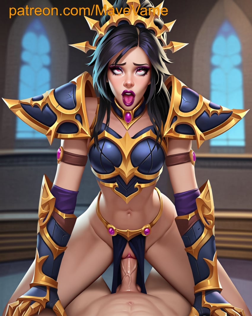 ahe_gao ahegao_face ai_generated armor black_hair blizzard_entertainment cowgirl_position diablo li-ming lipstick open_mouth orange_eyes purple_lipstick riding rolling_eyes sex tongue_out vaginal_penetration vaginal_sex