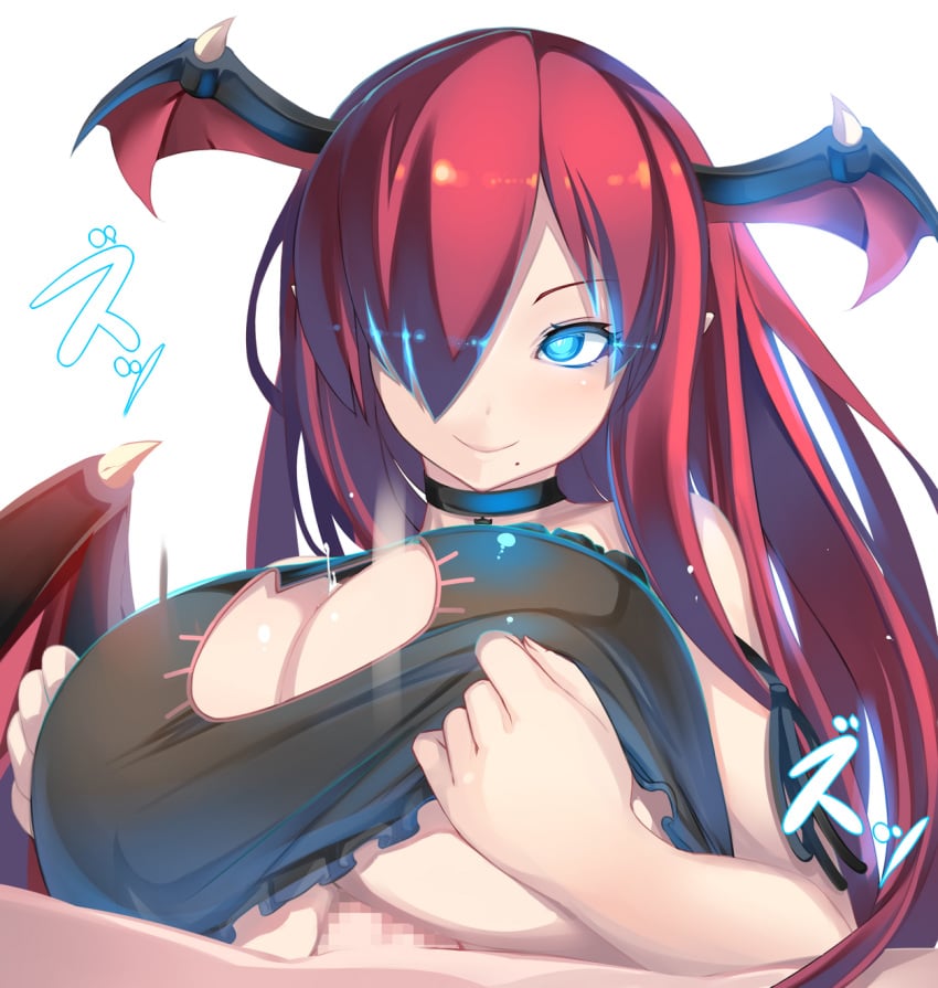 1boy 1girls bangs bat_wings blue_eyes blush breasts cat_cutout cat_lingerie censored demon_girl energy_drain female femdom glowing glowing_eye glowing_eyes hair_covering_eye hair_over_one_eye head_wings highres large_breasts light-skinned_female light-skinned_male light_skin long_hair male meme_attire mosaic_censoring one_eye_covered paizuri paizuri_under_clothes penis pointy_ears red_hair shiki_(psychedelic_g2) smile solo_focus sophia_(succubus_academia) straight succubus succubus_academia white_background wings