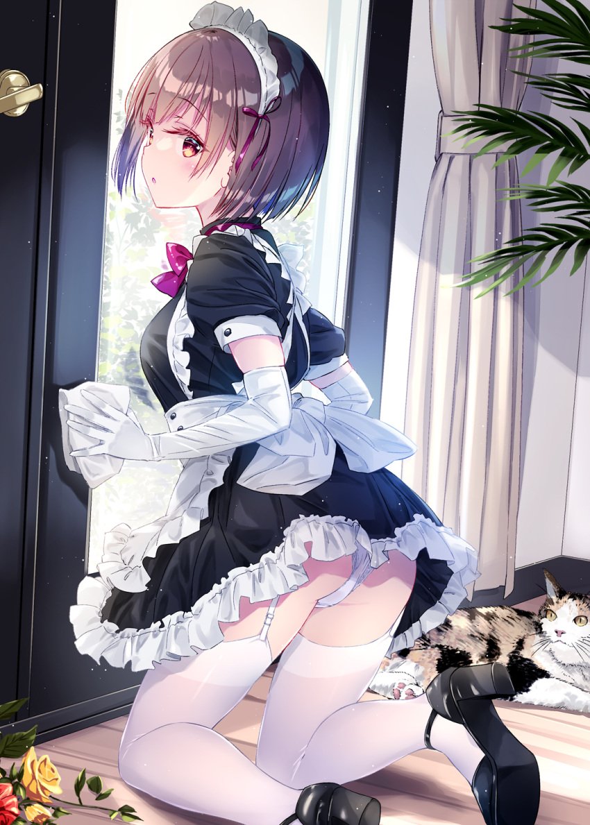 1girls apron breasts brown_eyes brown_hair cleaning_rag door elbow_gloves feline flowers garter_straps glass_door gloves high_heels kneeling kobayashi_chisato looking_at_viewer maid maid_apron maid_headdress maid_uniform original panties short_hair small_breasts thighhighs upskirt waist_apron white_panties