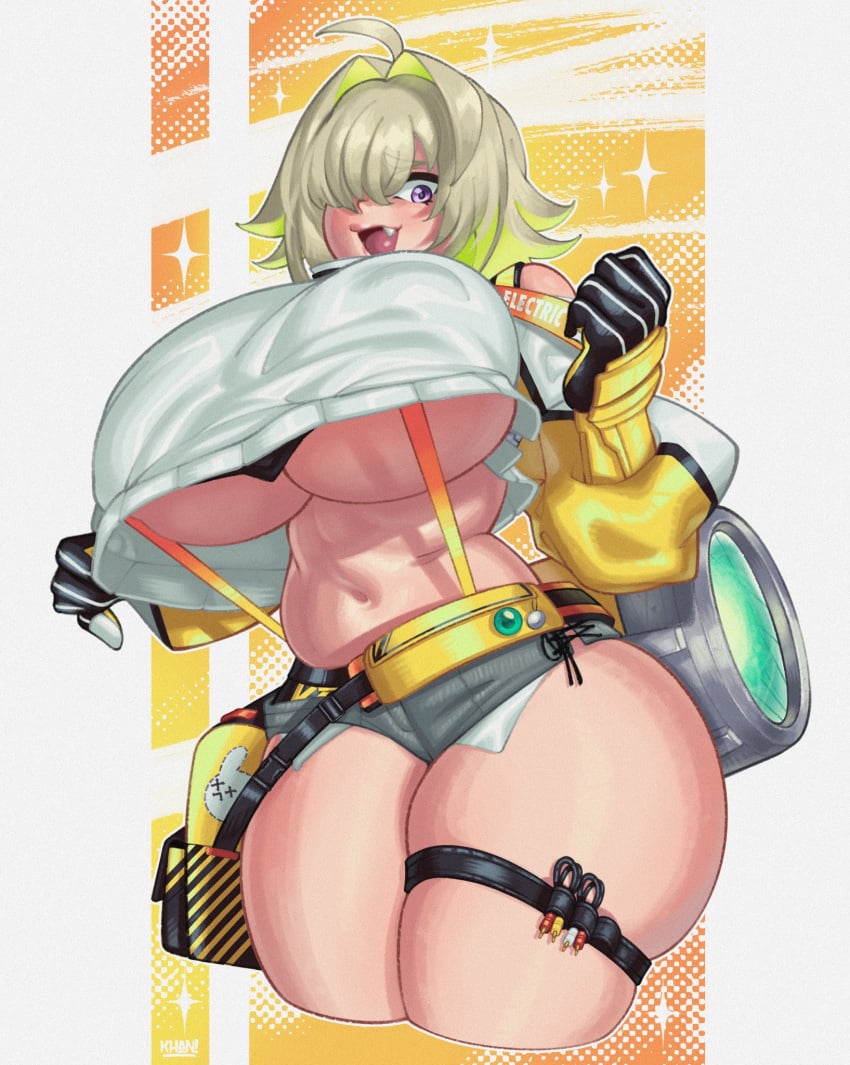 2024 2d 2d_(artwork) ahoge ass blonde_hair breasts cute_fang elegg_(nikke) female flatillustratorkhan gloves goddess_of_victory:_nikke green_hair hair howardk huge_ass huge_breasts huge_butt huge_thighs short_shorts shorts skindentation solo suspenders tagme thick thick_ass thick_butt thick_hips thick_legs thick_thighs thigh_strap underboob wide_ass wide_hips wide_thighs