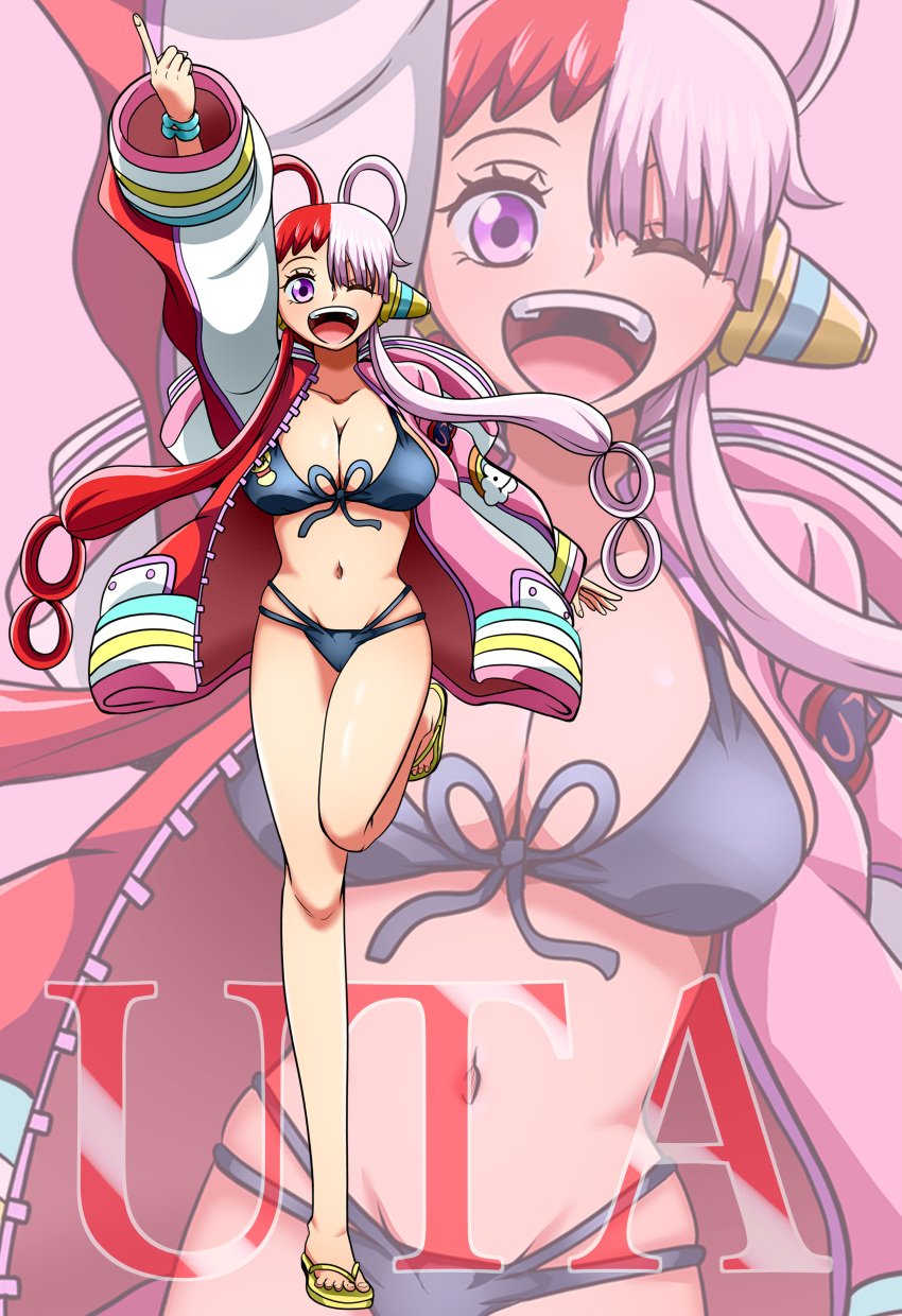 1girls bikini black_bikini black_swimsuit bracelet breasts female female_only headgear jacket jacket_open large_breasts le_reef looking_at_viewer midriff multicolored_hair multicolored_jacket navel one_leg_up one_piece purple_eyes red_hair sandals swimsuit twintails uta_(one_piece) white_hair wink