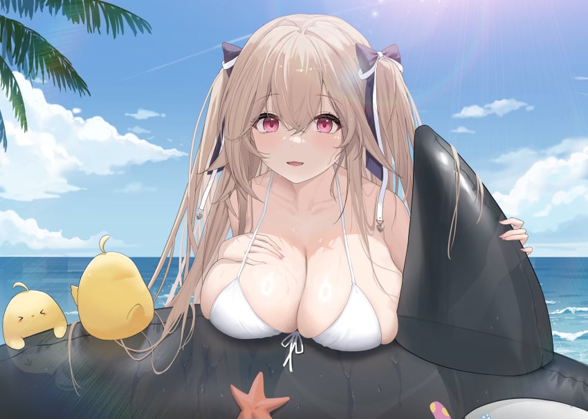 >_< absurdres anchorage_(azur_lane) anchorage_(dolphins_and_swim_lessons)_(azur_lane) azur_lane bikini black_bow blue_sky blush bow breasts brown_hair cleavage cloud cloudy_sky collarbone commentary_request day fangfangtu female hair_between_eyes hairbow highres horizon inflatable_orca inflatable_toy large_breasts long_hair looking_at_viewer manjuu_(azur_lane) official_alternate_costume open_mouth outdoors palm_leaf palm_tree red_eyes sideboob sky smile solo starfish swimsuit tree two_side_up white_bikini