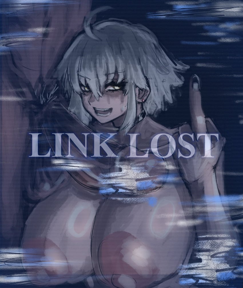 1boy 1girls bad_end fate/grand_order fate_(series) gameplay_mechanics huge_breasts jalter jeanne_alter link_lost maabo_harusame middle_finger netorare ntr penis tagme white_hair