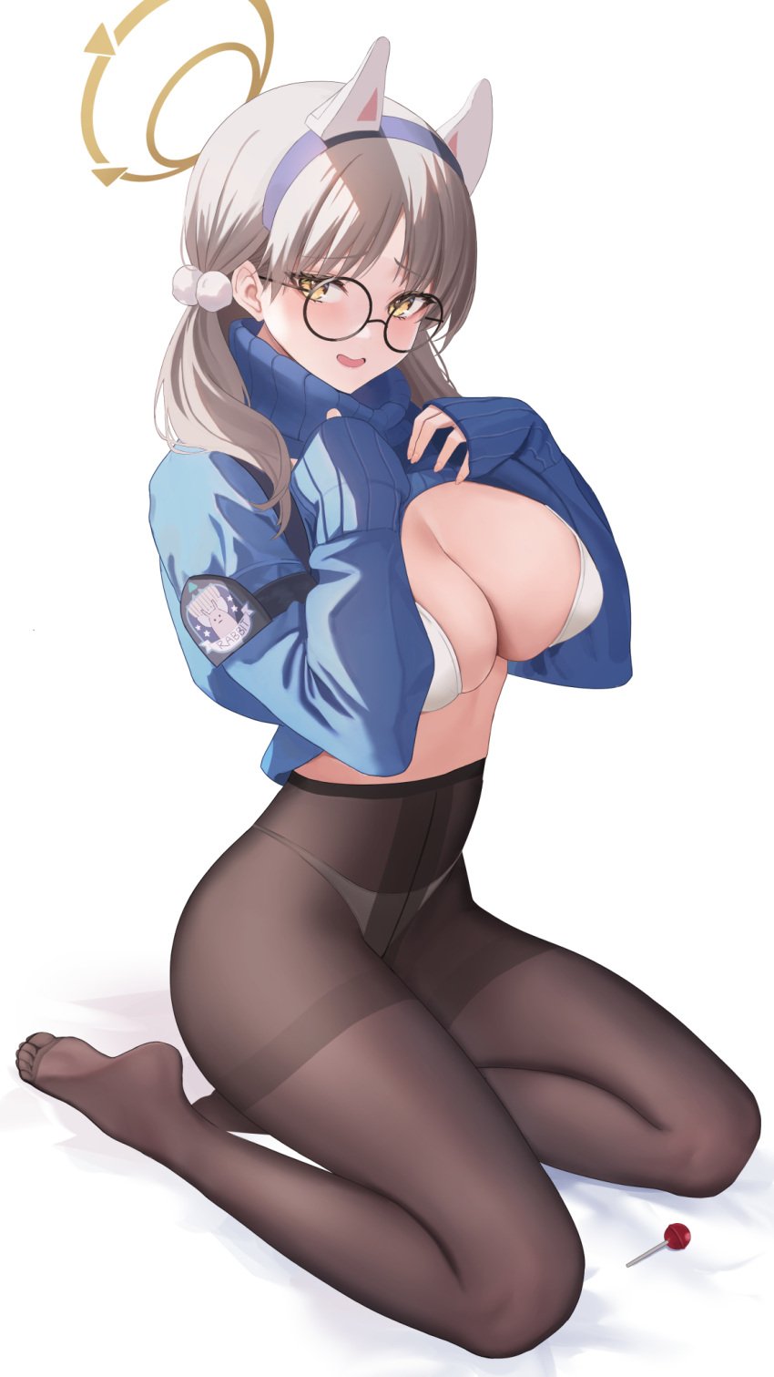 abab_xiaxia animal_ears ankles areola_bulge black_legwear black_pantyhose blue_archive blue_hairband blue_sweater blue_topwear blush blush_lines blushing_at_viewer blushing_female bra breasts brown_eyebrows brown_hair brown_hair_female calves candy cleavage clothes_lift embarrassed embarrassed_female fake_animal_ears feet female food full_body glasses grey-framed_eyewear groin hair_ornament hairband halo hand_on_breast hand_on_chest hand_on_own_breast hand_on_own_chest heels high-waist_pantyhose hips knees large_breasts legs legwear light_brown_hair lollipop long_hair long_sleeves looking_at_viewer midriff moe_(blue_archive) nipple_bulge no_shoes open_mouth open_mouth_smile panties pantyhose parted_lips pom_pom_(clothes) pom_pom_hair_ornament rabbit_ears round_eyewear saeu seiza sitting slender_body slender_waist slim_girl slim_waist soles solo sweater sweater_lift thick_thighs thighband_pantyhose thighs thin_waist toes topwear topwear_lift twintails twintails_(hairstyle) underwear v-line waist white_background white_bra white_panties white_underwear yellow_eyes yellow_eyes_female yellow_halo