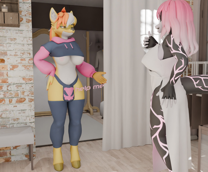 3d_(artwork) anthro blender_cycles bulge canid canine canis clothing digital_media_(artwork) equid equine gynomorph haolde haolde_(character) hi_res horse hybrid intersex legwear mammal nadege_(lunhaadviin) nipples paggi_outfit reptile scalie snake solo wolf