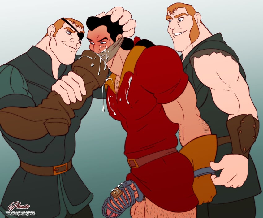 3boys 5_fingers bdsm beauty_and_the_beast big_penis black_hair blue_eyes blush bondage boots brother brothers chastity chastity_cage clothed clothing cock_cage crossover cum cum_on_breasts cum_on_clothes cum_on_pecs disney disney_villains domination drinking_cum dubious_consent gag gagged gaston gay gay_domination handcuffs interracial male male_only muscle no_pants over_the_mouth_gag penis phausto questionable_consent rape stabbington_brothers tangled yaoi