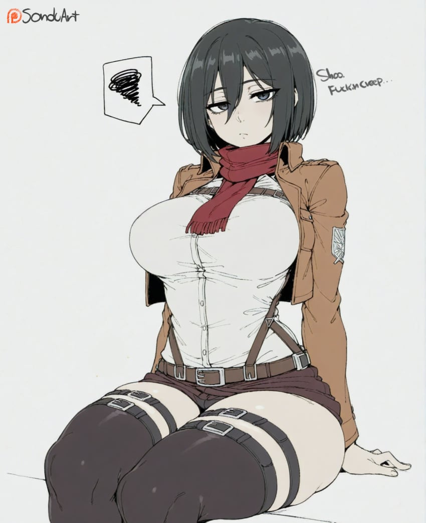 ai_generated arm_support attack_on_titan bangs belt black_eyes black_hair black_thighhighs breasts brown_jacket buckle closed_mouth cropped_jacket emblem english_text expressionless feet_out_of_frame female grey_background grey_eyes hair_between_eyes jacket large_breasts long_sleeves looking_at_viewer mikasa_ackerman open_clothes open_jacket paradis_military_uniform patreon_username red_scarf scarf shirt short_hair short_shorts shorts simple_background sitting solo sondu spoken_squiggle squiggle thick_thighs thigh_strap thighhighs thighs watermark white_background white_shirt