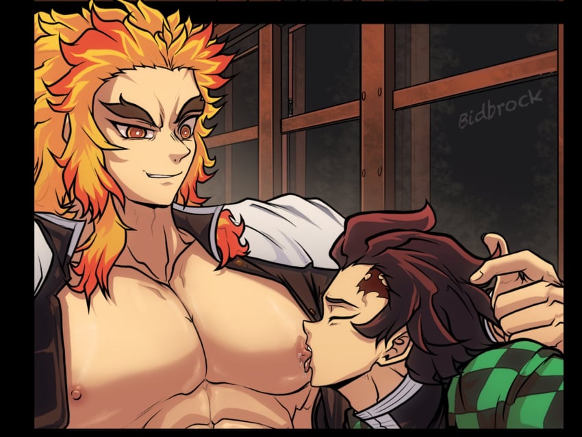 abs bara bidbrock big_pecs closed_eyes demon_slayer gay kamado_tanjirou kimetsu_no_yaiba male male_focus male_only muscular muscular_male nipples no_visible_genitalia open_clothes pecs rengoku_kyoujurou sucking_male_nipple sucking_nipple sucking_nipples tongue tongue_out yaoi