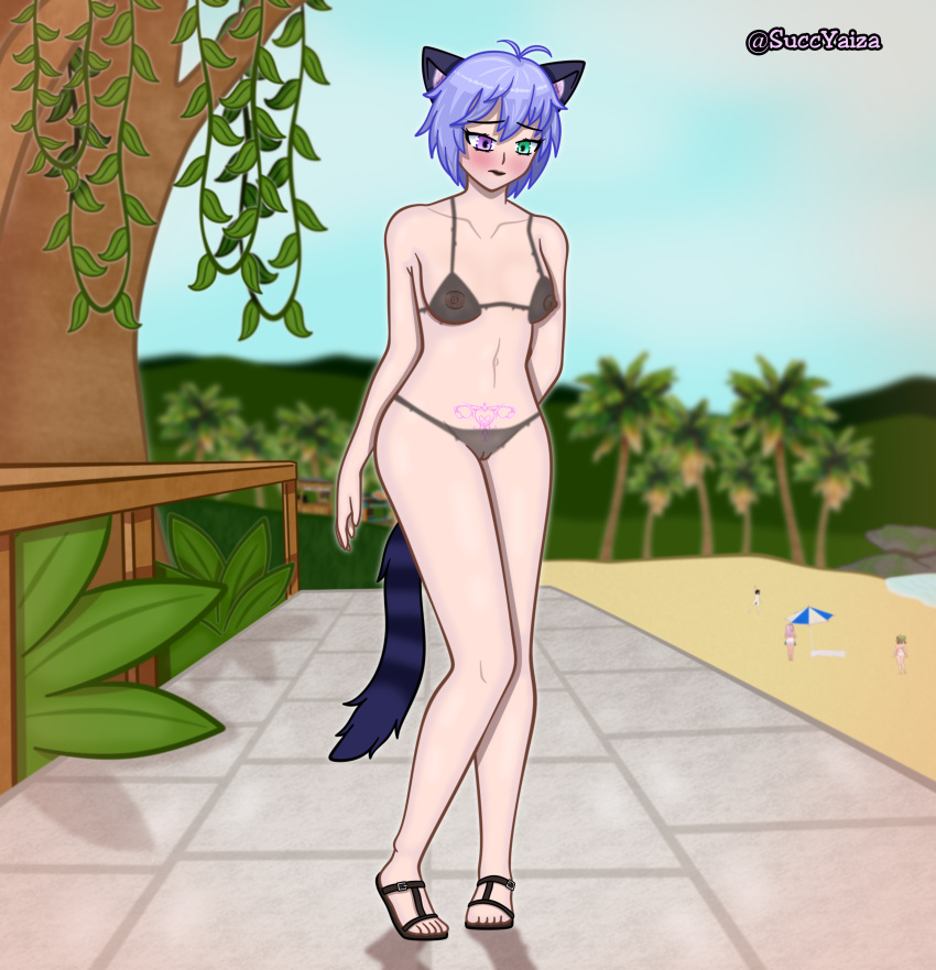 1girls beach blue_eyes blush bodypaint cat_ears cat_tail catgirl completely_nude completely_nude_female heterochromia nekoruna pink_eyes pubic_tattoo public public_nudity purple_hair sandals sandals_only short_hair small_breasts womb_tattoo