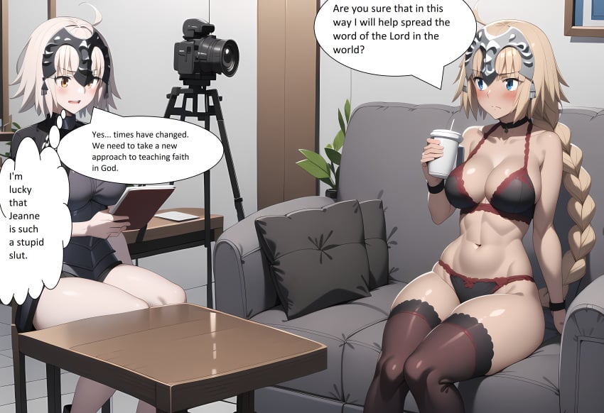 2girls ai_generated blonde_hair camera casting_couch fate/apocrypha fate/grand_order fate_(series) headpiece jeanne_d'arc_(alter)_(fate) jeanne_d'arc_(fate) jeanne_d'arc_(fate)_(all) lingerie single_braid talking white_hair