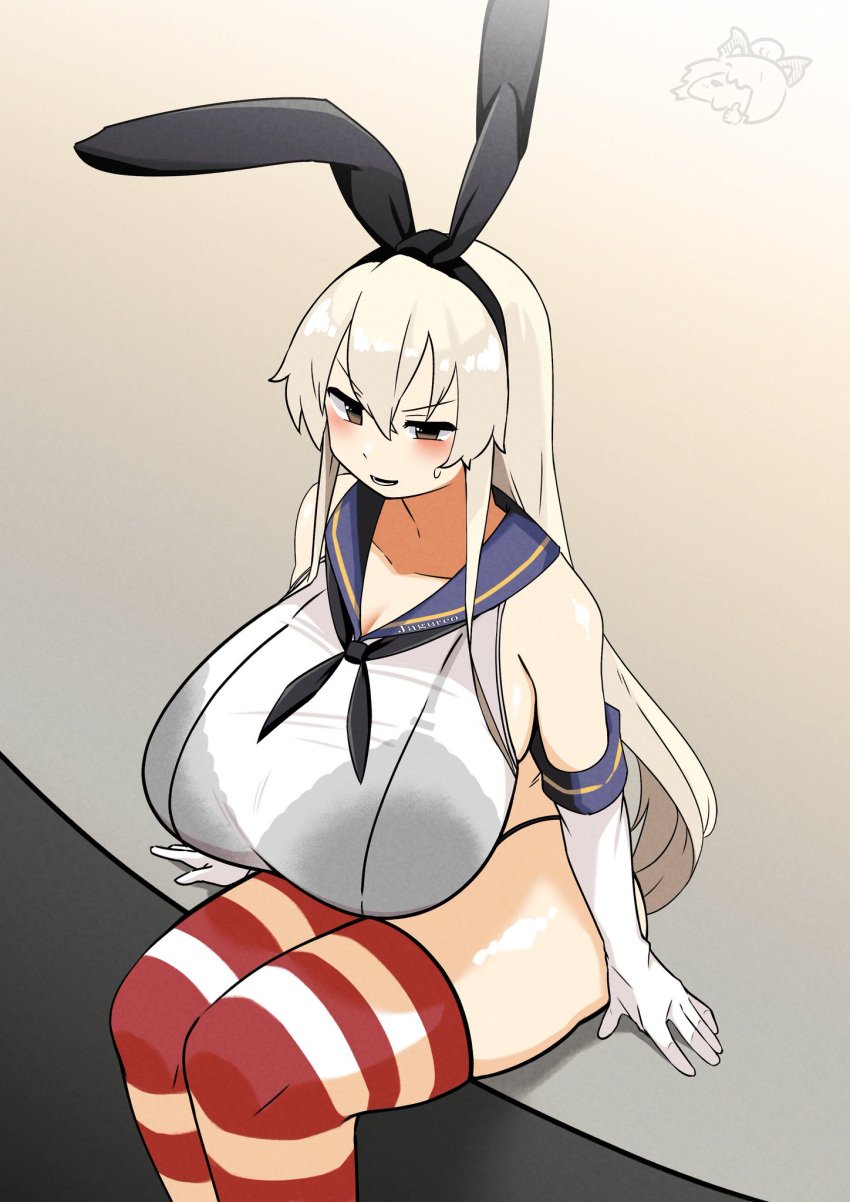 alternate_breast_size black_bra black_hairband black_neckerchief black_panties blonde_hair blue_sailor_collar blush bra bra_visible_through_clothes breasts brown_eyes character_watermark cleavage elbow_gloves feet_out_of_frame female gloves hair_between_eyes hairband highleg highleg_panties highres huge_breasts kantai_collection long_bangs long_hair neckerchief open_mouth panties red_thighhighs rinyamame sailor_collar see-through shimakaze_(kantai_collection) shirt sitting smile solo striped_clothes striped_thighhighs thighhighs underwear v-shaped_eyebrows wet wet_clothes wet_shirt white_gloves white_thighhighs