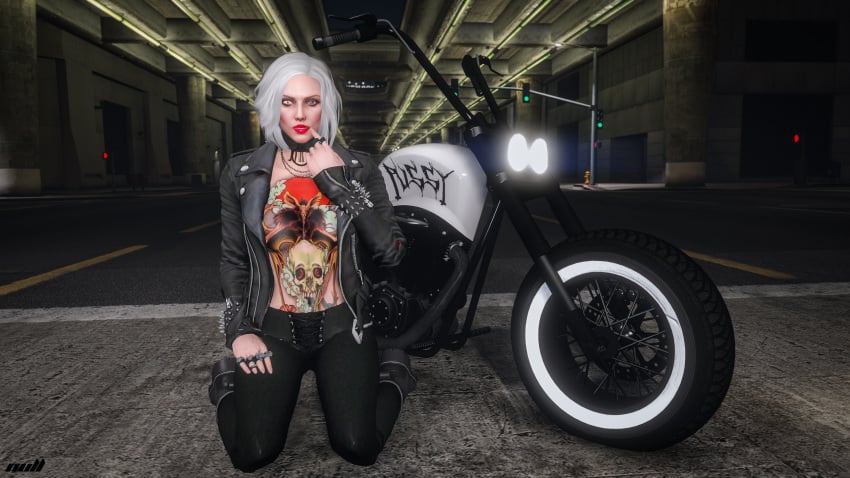 3d 3d_(artwork) big_breasts bike blue_eyes breasts casual_exposure casual_nudity choker fake_eye flossie_grey grand_theft_auto_online grand_theft_auto_v naked naked_female nipples nopixel nude nude_female nullinvoid public public_nudity ring screenshot spiked_bracelet tattoo tattoo_on_arm tattoo_on_back tattoo_on_belly tattoo_on_chest tattoo_on_legs tattooed_arm tattoos white_hair
