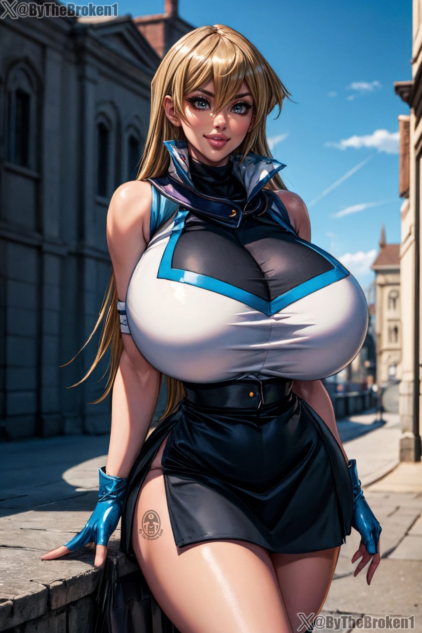 1girls ai_generated alexis_rhodes big_breasts blonde_hair blue_eyes breasts_bigger_than_head bythebrokenone clothing curvy_female female female_only fingerless_gloves large_breasts light-skinned_female light_skin long_hair looking_at_viewer miniskirt outdoors tenjouin_asuka thick_thighs voluptuous voluptuous_female wide_hips yu-gi-oh! yu-gi-oh!_gx