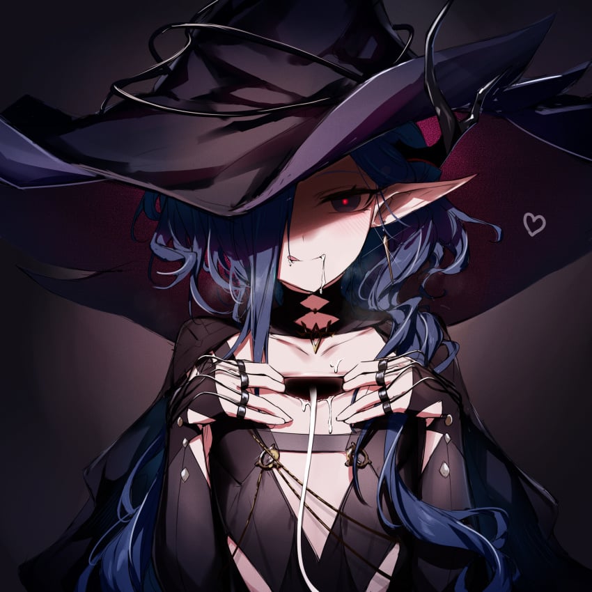 arknights black_gloves black_hat blue_eyes blue_hair closed_mouth cum cum_in_mouth cumdrip earrings ermengarde_(arknights) female gloves hair_over_one_eye hat heart highres hole_in_chest hole_on_body jewelry kupa_(jesterwii) licking_lips long_hair looking_at_viewer multiple_rings one_eye_covered pointy_ears red_pupils ring smile solo tongue tongue_out upper_body witch_hat