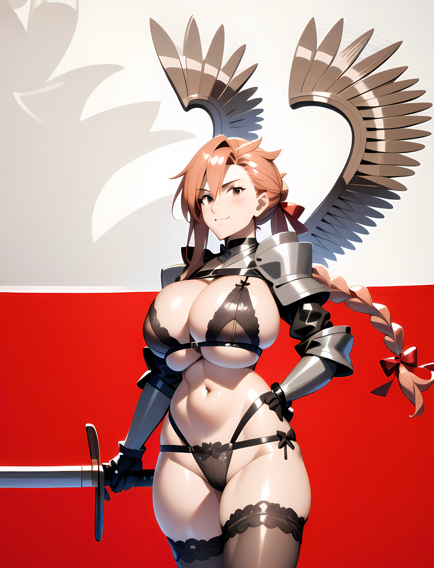 ai_generated armor bra breasts flag lingerie panties polish_flag sword winged_hussar