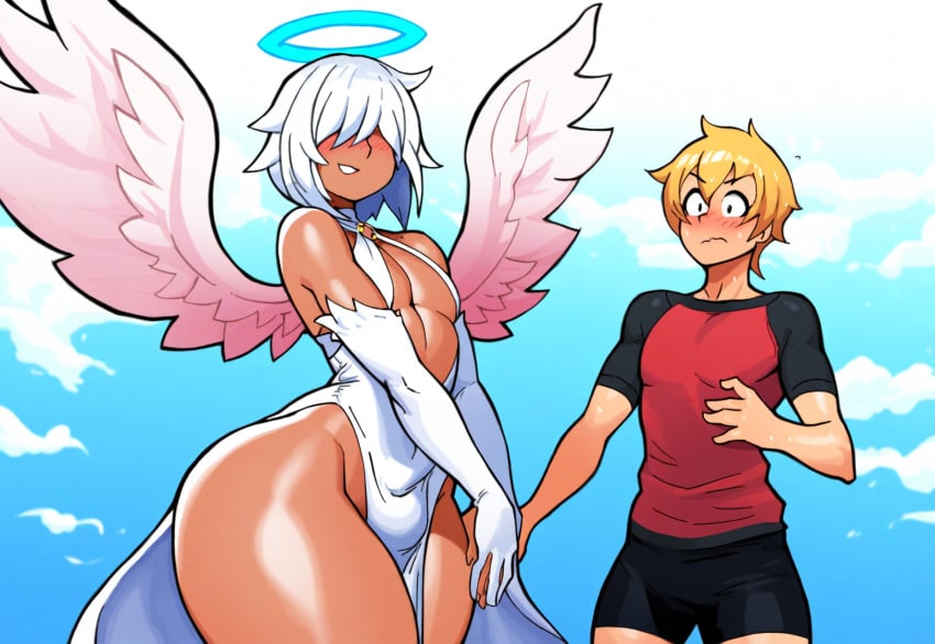 2boys ai_generated alriel angel angel_wings black_femboy bulge curvy dark-skinned_male dark_skin femboy gay hair_over_eyes halo human monster_femboy mullon novelai pelvic_curtain public_domain thick_thighs thighhighs trap voluptuous white_hair wings yaoi