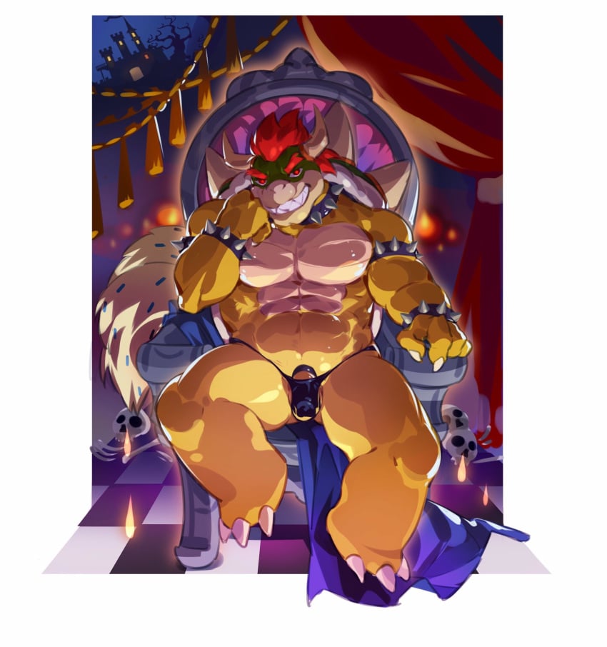 1boy abs anthro balls bowser bulge castle cock_ring crrispy curtains full_body grin looking_at_viewer male male_only mario_(series) muscular nintendo penis sitting skull solo teeth throne