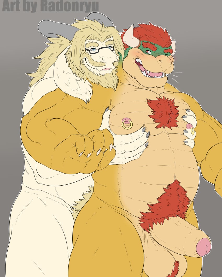 2boys anthro asgore_dreemurr balls bara barazoku beard blonde_hair blue_eyes blush boss_monster bowser breast_grab breasts caprine crossover duo erection facial_hair fur goat grey_background hair hand_on_breast horn long_ears looking_at_another male male_only mammal mario_(series) mature_male moobs multiple_boys nintendo nipple_piercing nipples penis piercing pubic_hair radonryu red_eyes scalie simple_background smile standing teeth testicles tongue undertale video_games white_fur yaoi yellow_fur