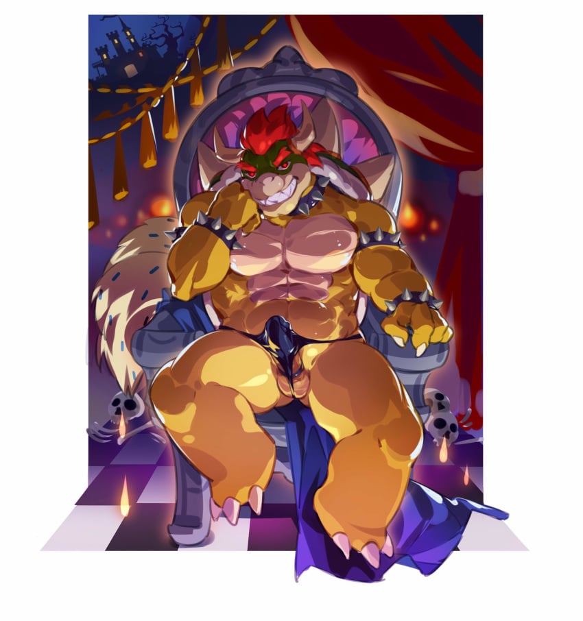 1boy abs anthro balls boner bowser bulge castle cock_ring crrispy curtains erection erection_under_clothes full_body grin looking_at_viewer male male_only mario_(series) muscular nintendo penis sitting skull solo teeth testicles throne