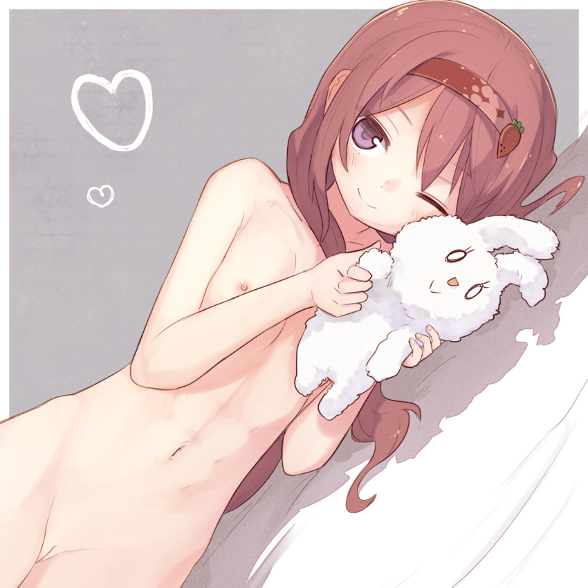 1girls breasts brown_hair cookie_(touhou) female food_themed_hair_ornament hair_ornament hairband holding ichigo_(cookie) long_hair lying miyako_(naotsugu) nipples nude on_side one_eye_closed purple_eyes pussy small_breasts solo strawberry_hair_ornament stuffed_animal stuffed_bunny stuffed_toy touhou uncensored