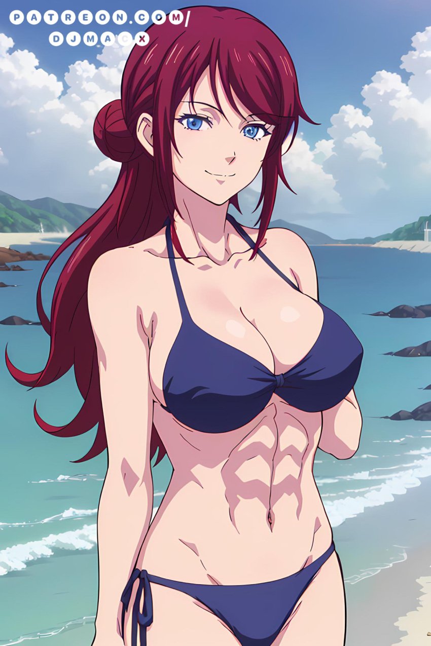 1girls acchan_(megami_no_kafeterasu) ai_generated athletic_female bare_legs beach bikini blue_eyes blue_sky djmacx female_abs fit_female magenta_hair megami_no_kafeterasu ocean