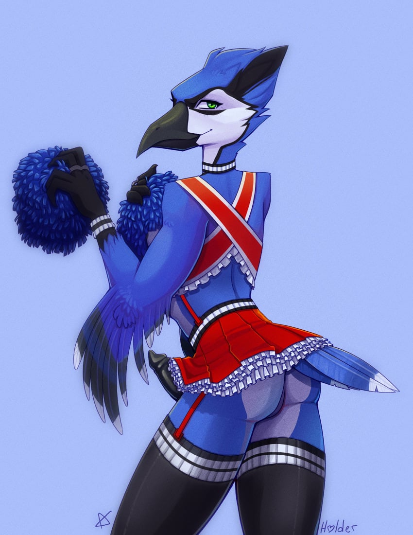 anthro ass avian beak bird blue_jay cheerleader choker clothed clothing corvid crossdressing erection feathered_wings feathers halloween hi_res holidays hulder legwear looking_at_viewer looking_back male male_only nate_that_army_burd penis pom_poms simple_background skirt solo tail_feathers talons wings