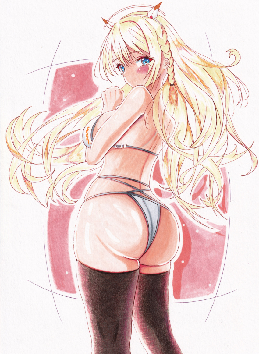 ass ass_focus blonde_hair blue_eyes blush blush bra drawn from_behind goddess_of_victory:_nikke nerin panties thighhighs tove_(nikke) underwear