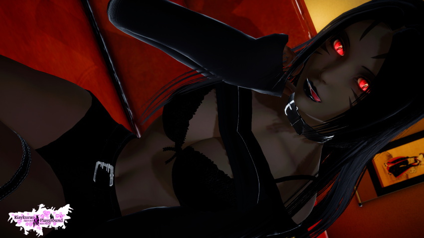 3d black_bra black_clothing black_collar catgirl cupiditatem dark-skinned_female dark_skin female_only final_fantasy final_fantasy_xiv miqo'te red_eyes riaykuras_playground showing_bra solo