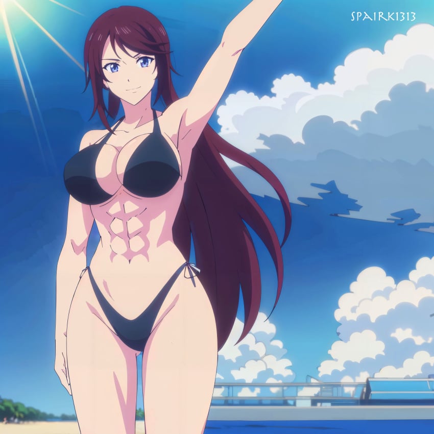 1girls acchan_(megami_no_kafeterasu) ai_generated athletic_female bare_legs big_breasts bikini blue_eyes blue_sky female_abs fit_female magenta_hair megami_no_kafeterasu milf outside spairk1313