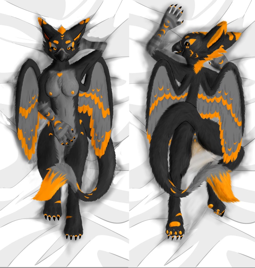 absurd_res anthro avian big_tail bodily_fluids dakimakura_design female fluffy fur genital_fluids genitals gryphon hands_behind_back hi_res looking_at_viewer mythological_avian mythology orange_body orange_eyes orange_fur pussy pussy_juice solo solo_focus squareofclay tail wet wet_body wet_fur wet_sheets