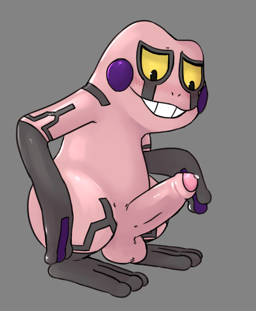 1boy 3_fingers 3_toes amphibian anthro big_penis black_eyes blush croagunk erection feet foreskin frog full-length_portrait grey_background grin hi_res humanoid_penis looking_at_penis looking_down male male_only nintendo nude partially_retracted_foreskin penis pink_glans pink_penis pink_skin pokémon_(species) pokemon pokemon_dppt portrait precum rainbowsprinklesart simple_background smile solo standing toes uncut video_games yellow_sclera