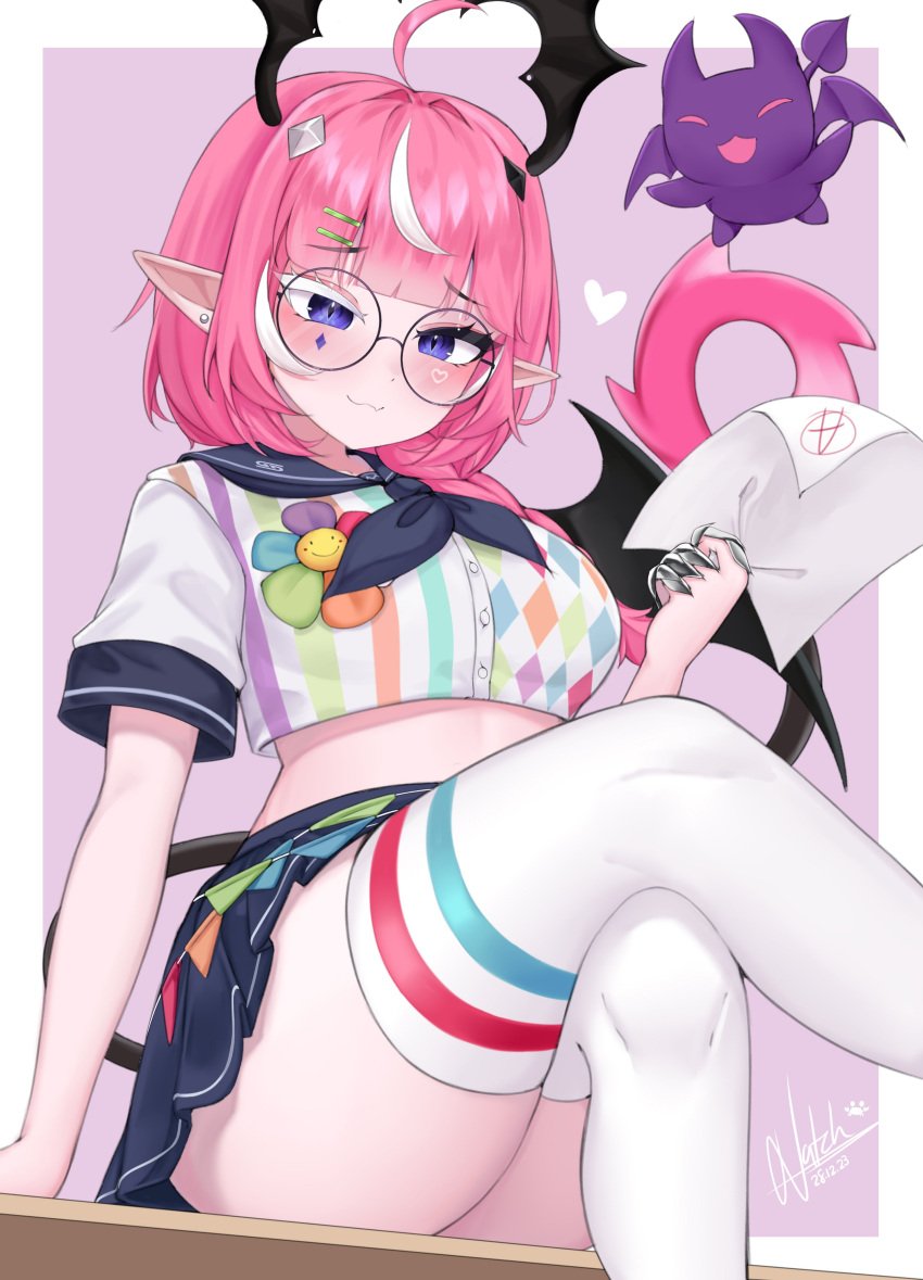 :3 ahoge bangs blunt_bangs blush breasts camila_(vtuber) cimp_(camila) crop_top crossed_legs fan_mascot_(vtuber) female glasses hair_ornament hairclip heart holding horns indie_virtual_youtuber large_breasts multicolored_hair no_nudity paper pink_hair pointy_ears purple_eyes round_eyewear school_uniform serafuku sfw shirt short_sleeves signature sitting skirt smile solo streaked_hair succubus tail thighhighs thighs virtual_youtuber white_hair white_thighhighs wings